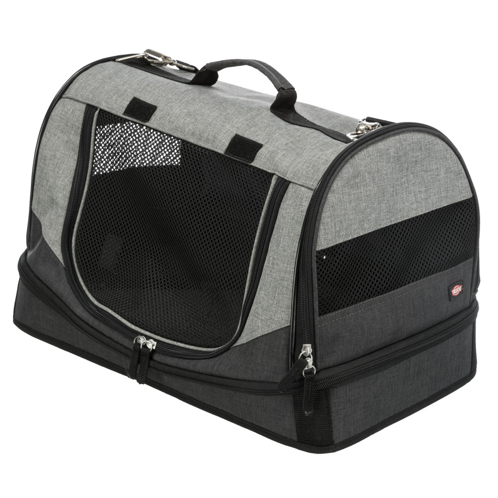 Transportadora para animais cinza e preto com rede e zíperes