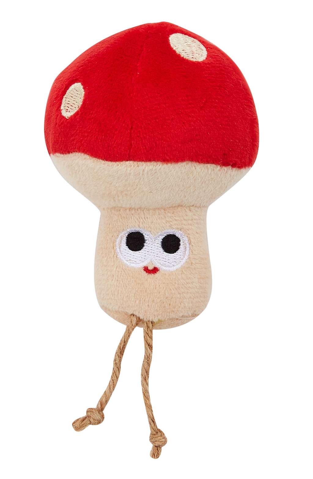 Boneco de pelúcia em forma de cogumelo com cordas penduradas