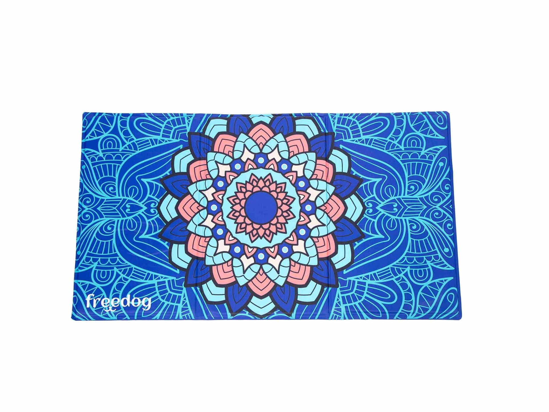 Tapete de yoga azul com mandala colorida e texto freedog