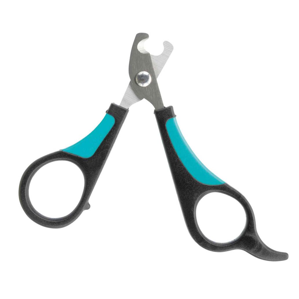 Alicate para unhas de animais preto e azul turquesa com lâminas curvadas