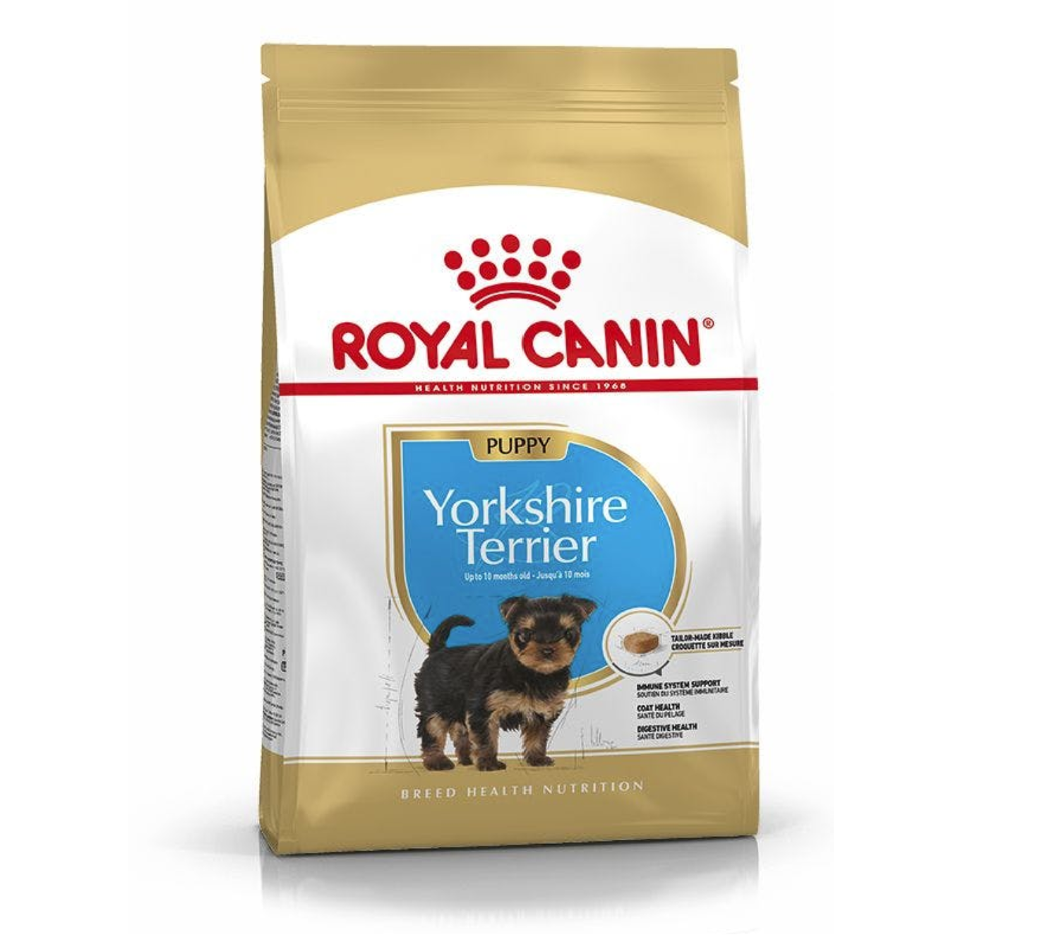 Embala de ração Royal Canin Puppy Yorkshire Terrier com imagem de cachorros e texto informativo