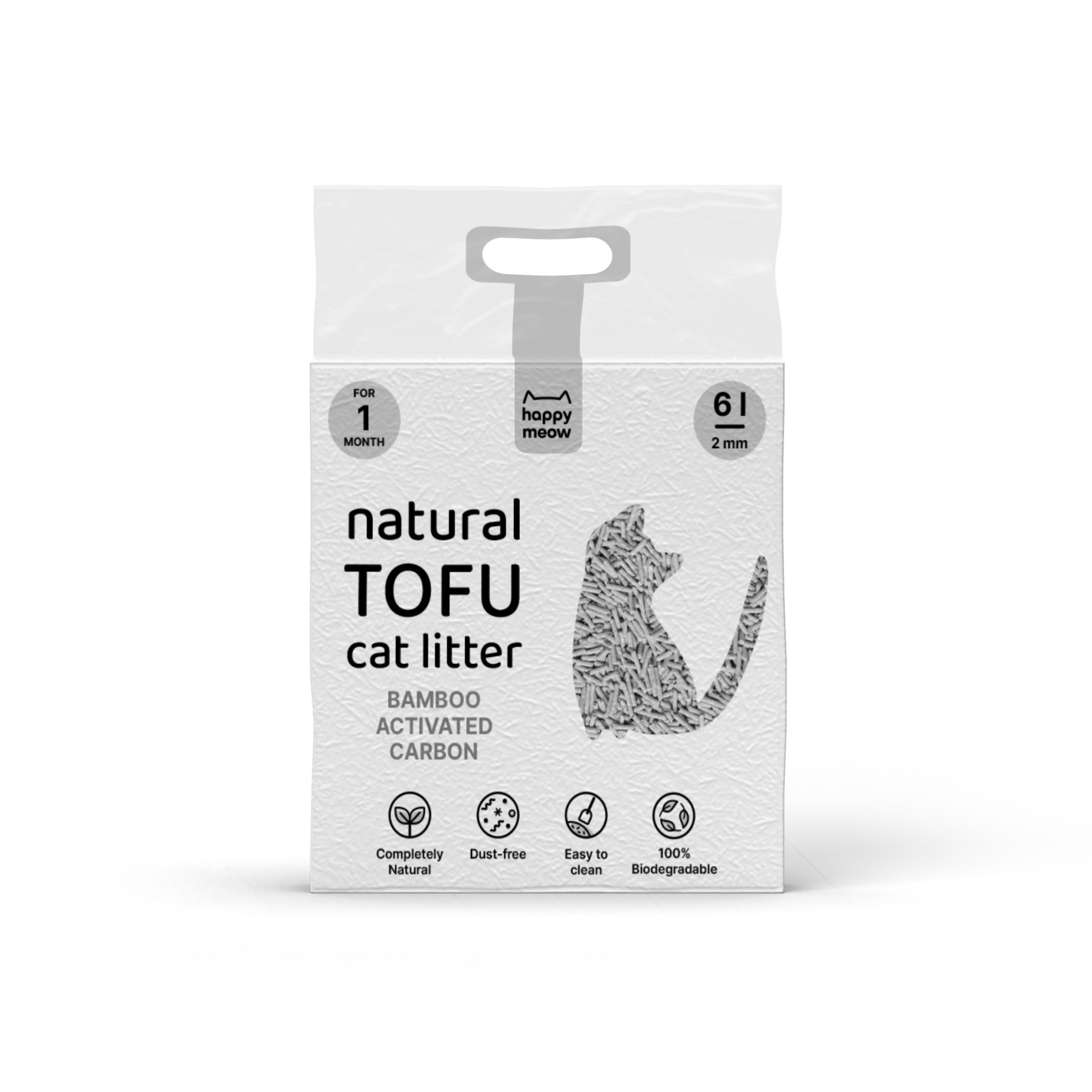 Saco branco de areia para gato natural TOFU com carvão ativado e desenho de gato preto
