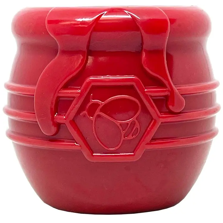 Pote vermelho de plástico com emblema hexagonal e gota decorativa