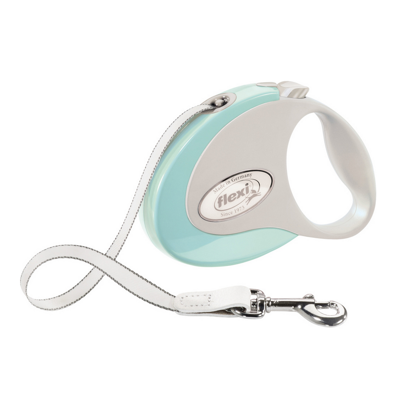 Trela Flexi para cães com puxador cinza e verde-água, fita branca refletora e gancho metálico