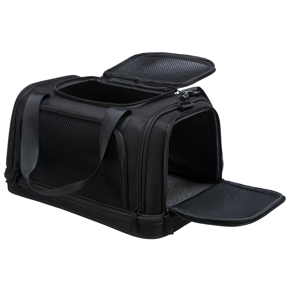 Transportadora preta para animais com aberturas e rede para ventilação