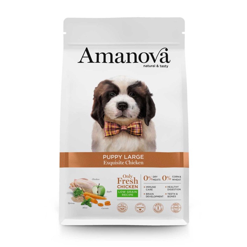 Saco de ração para cães Amanova Puppy Large Exquisite Chicken com imagem de cão e ingredientes