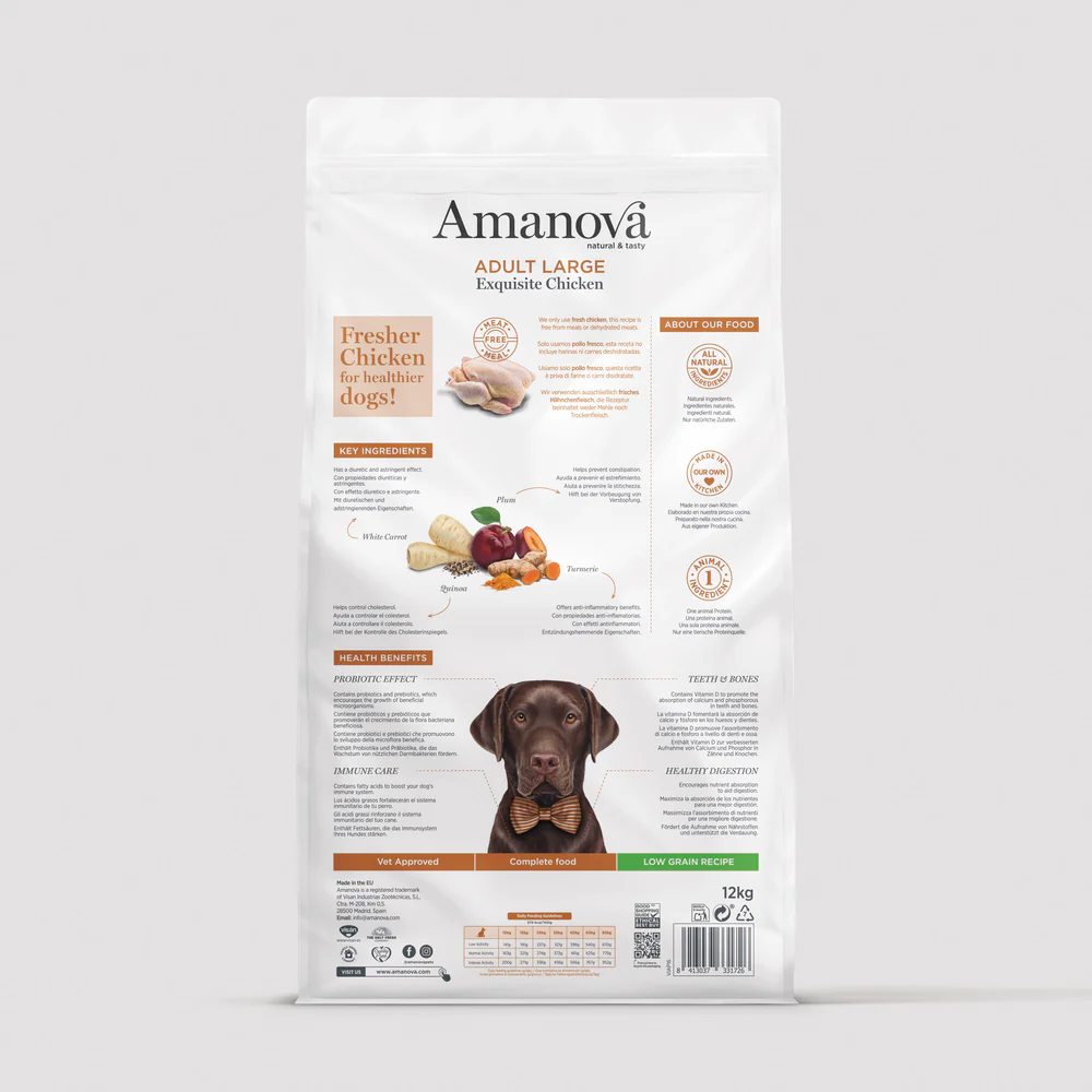 Saco branco de ração para cães Amanová Adult Large Exquisite Chicken 12 kg