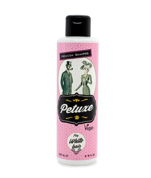 Frasco de champô Petuxe rosa para cabelo branco com ilustração vintage