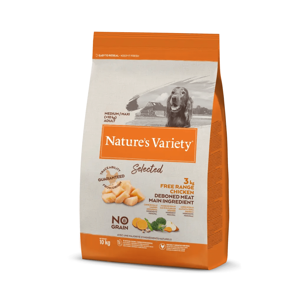 Saco de ração para cães Nature's Variety com frango, embalagem laranja e bege