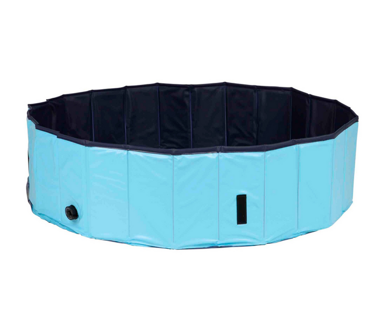 Piscina desmontável azul claro e preta circular em fundo branco