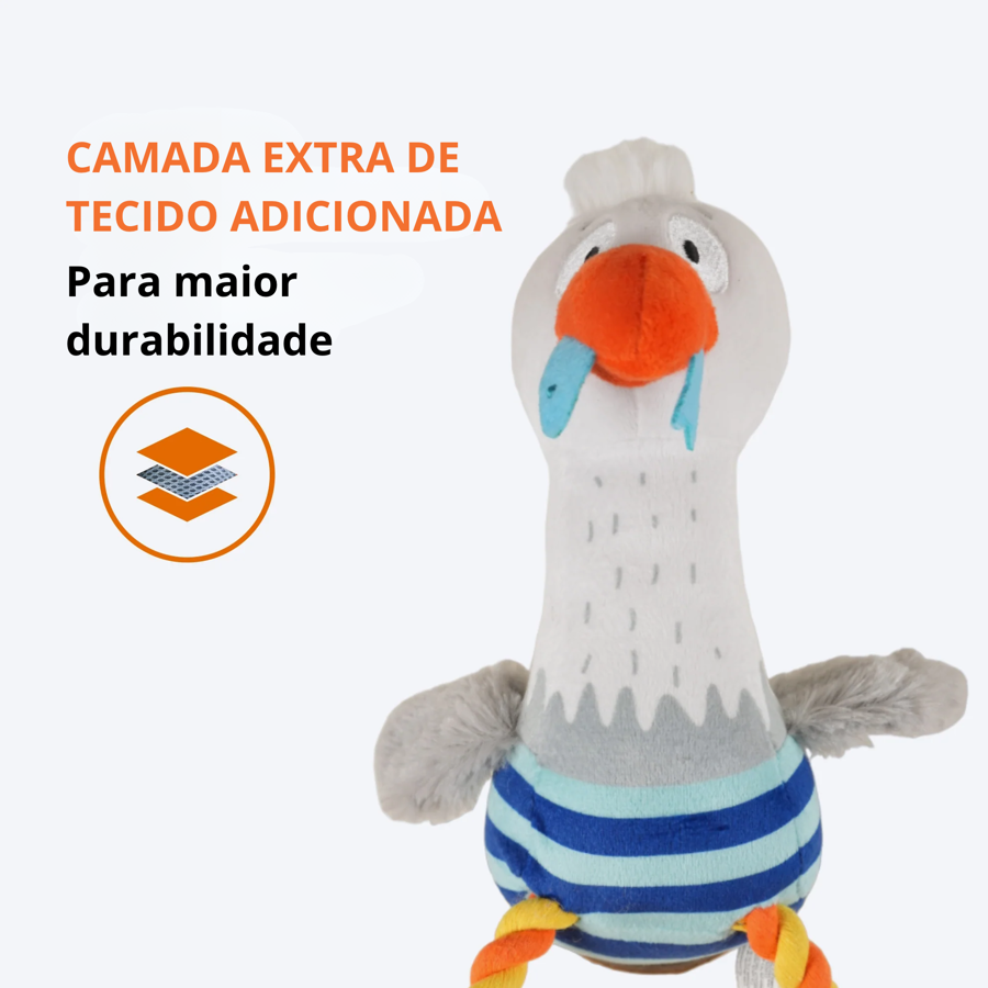 Pelúcia de pato com roupa às riscas azuis