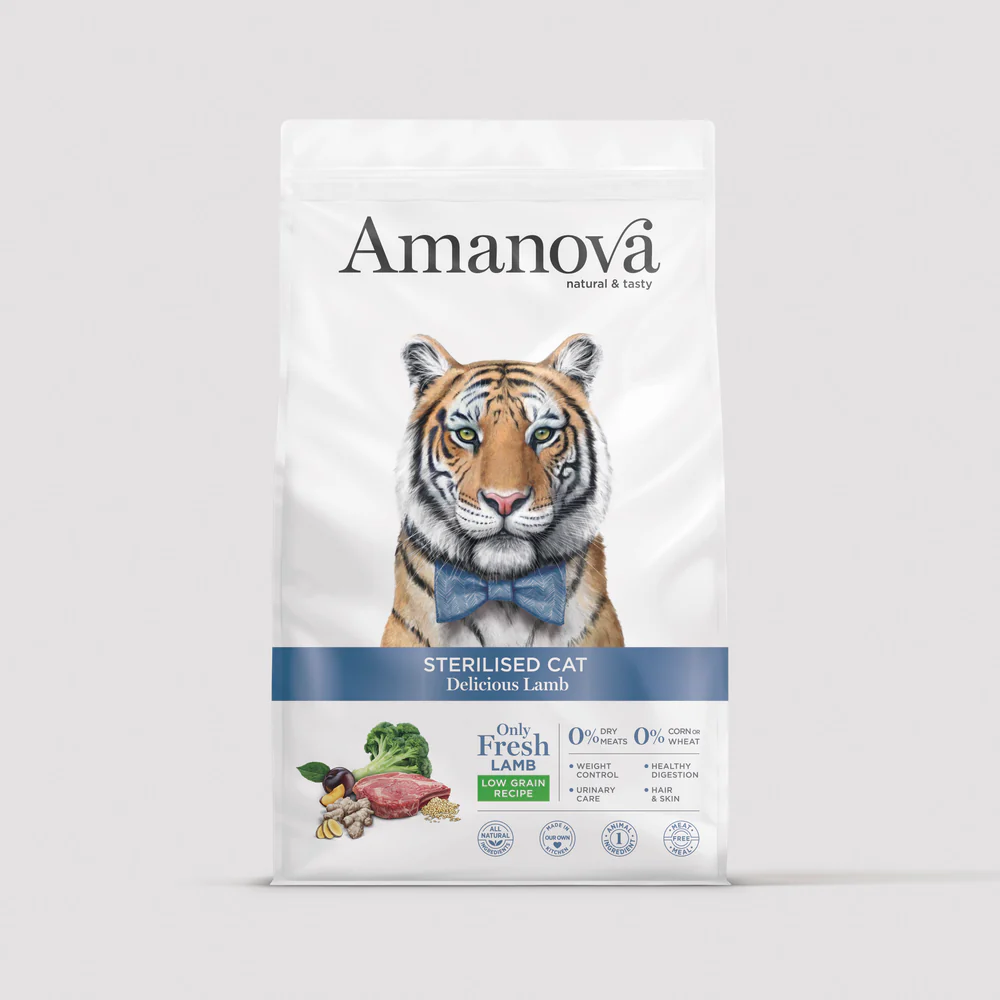 Embalagem branca de comida para gato esterilizado Amanova com imagem de tigre com gravata azul