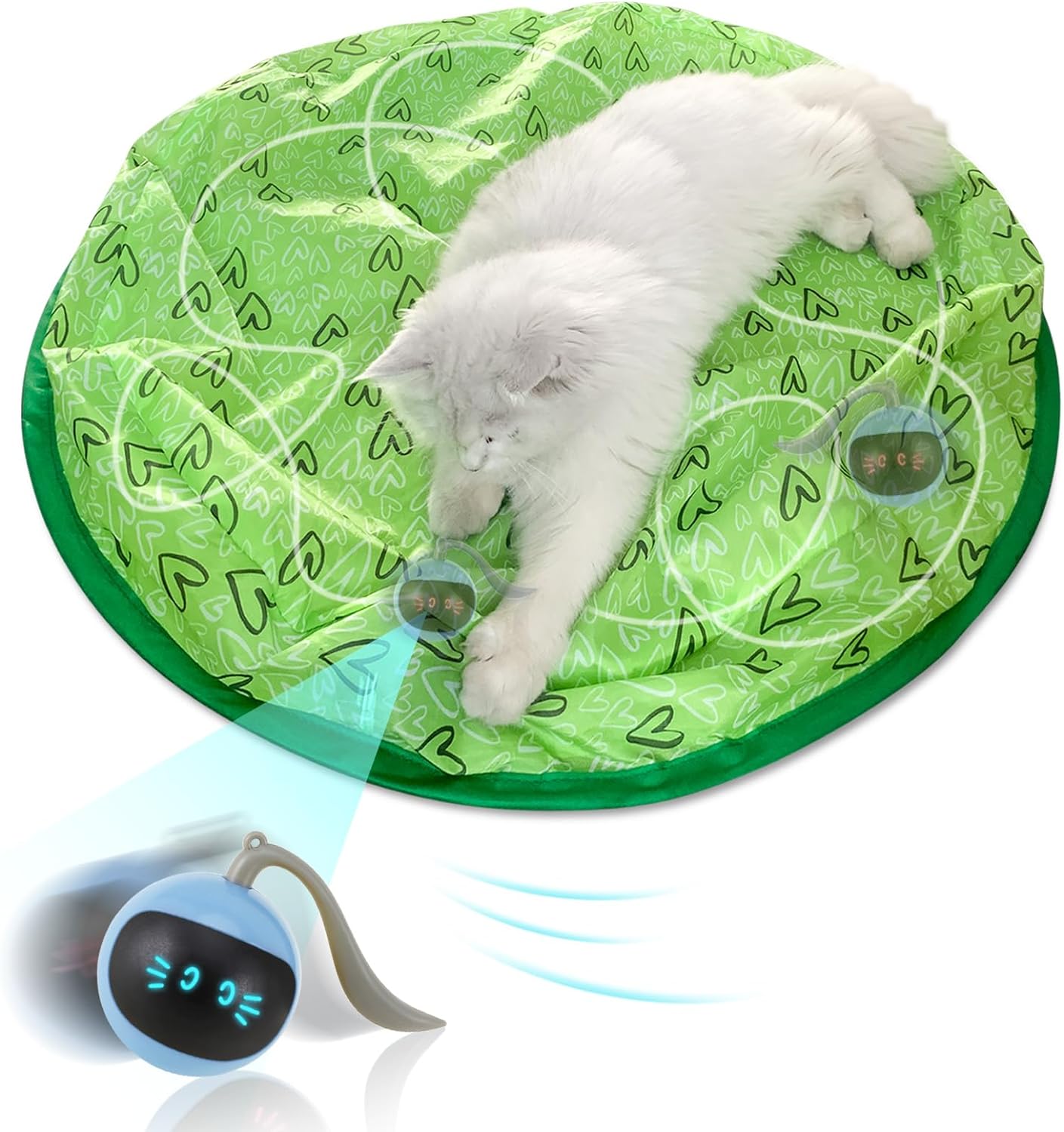 Cama verde para gato com padrão de corações e gato branco deitado, brinquedo eletrônico próximo