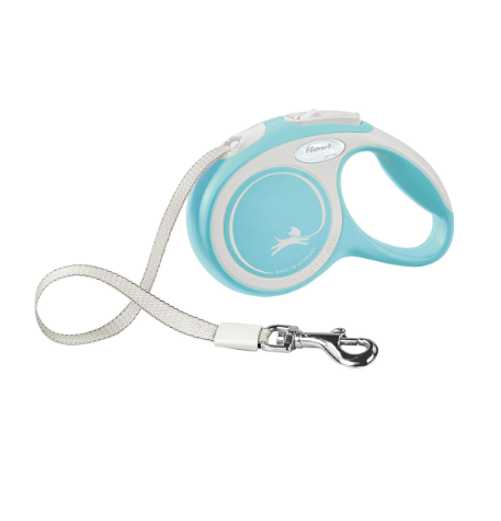 Trela retrátil azul e branco para cão com fita branca e mosquetão metálico