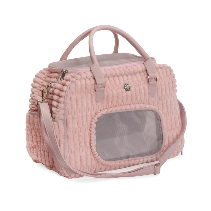 Mala de transporte cor-de-rosa felpuda com janela em rede e alça ajustável