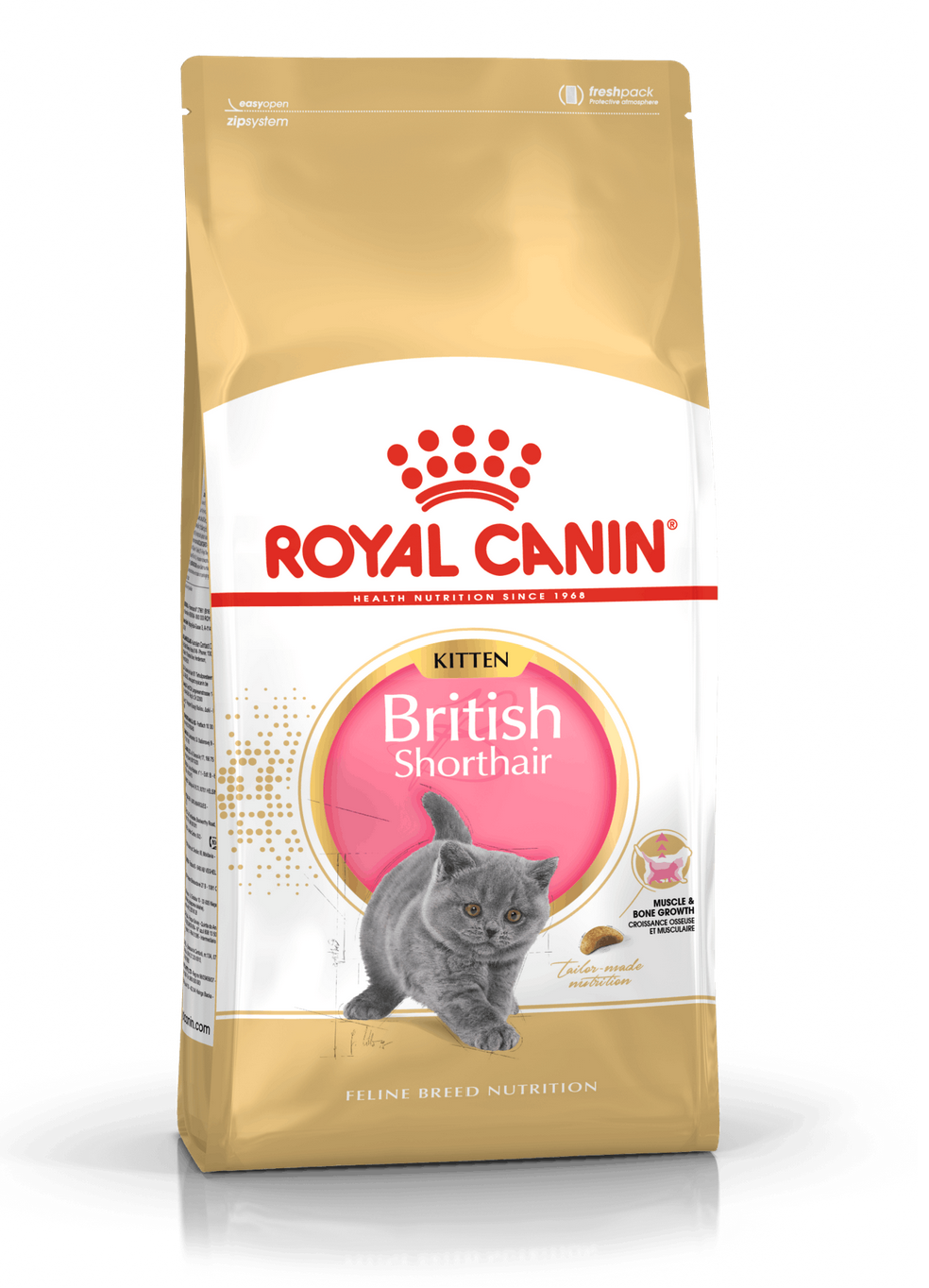 Embalagem de ração Royal Canin para filhotes British Shorthair com imagem de gato cinza.