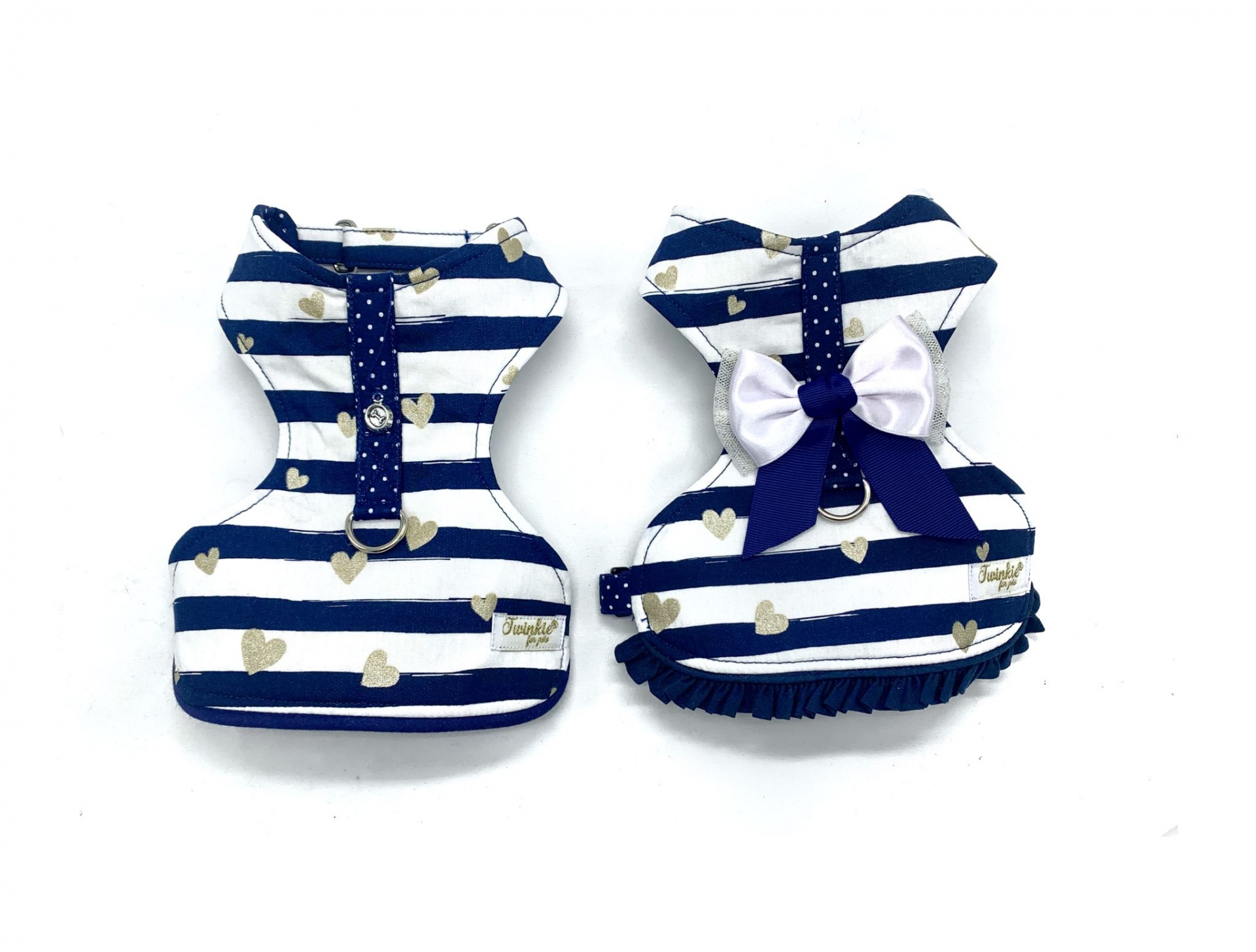 Vestidos para cães às riscas azuis e brancas com corações dourados