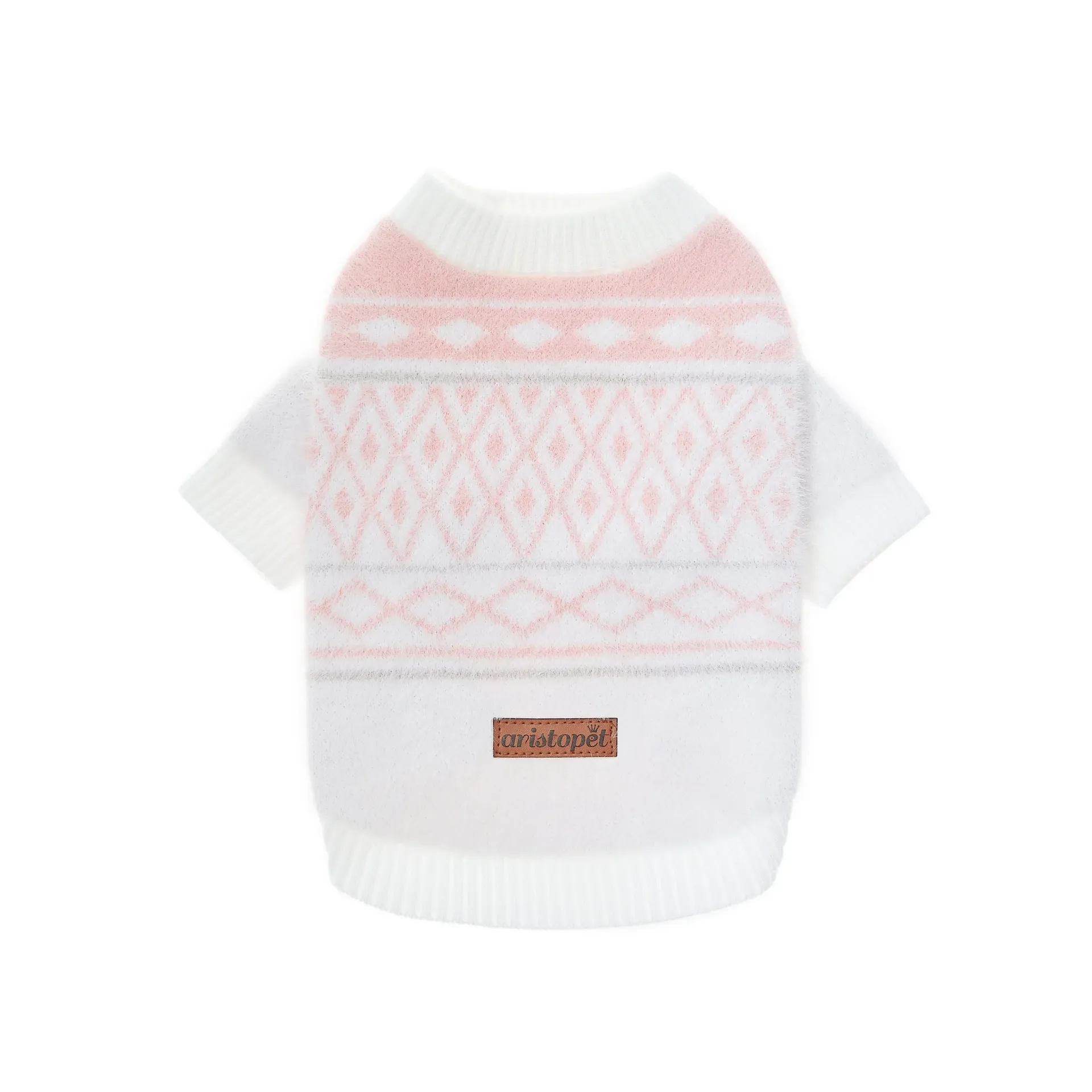 Camisola para cão em branco e rosa claro com padrão geométrico