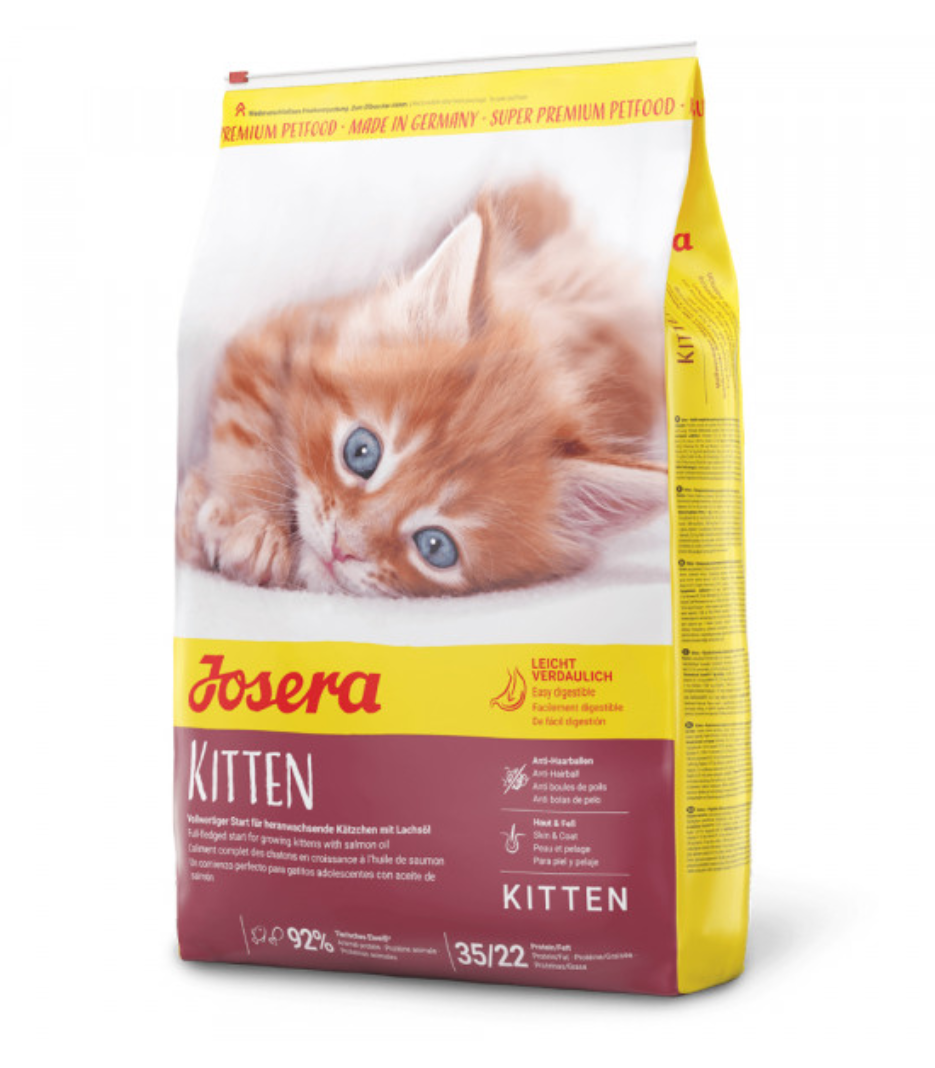 Pacote de ração para gatinhos Josera Kitten com gato laranja e texto visível
