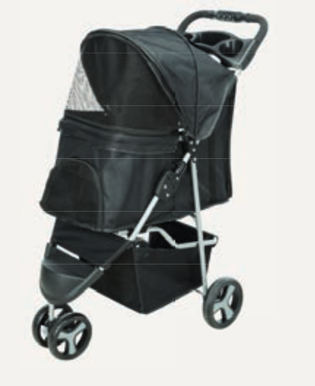 Carrinho passeio animal preto com estrutura metálica e rodas