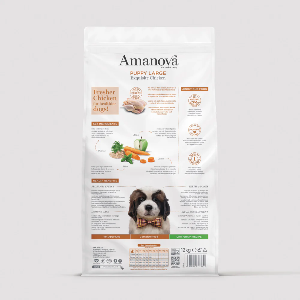 Embalagem branca de ração para cães Amanová Puppy Large com imagem de cachorro e texto detalhado