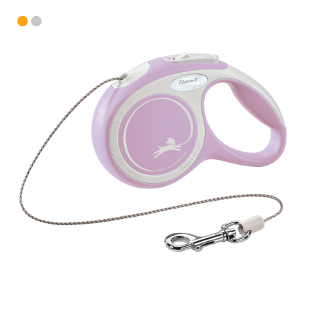 Trela retrátil lilás e branca para cão com cabo metálico e fecho prateado