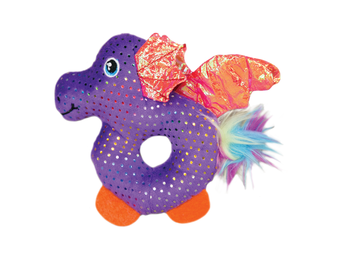 Brinquedo de pelúcia dragão roxo com asas e cauda brilhantes e coloridas
