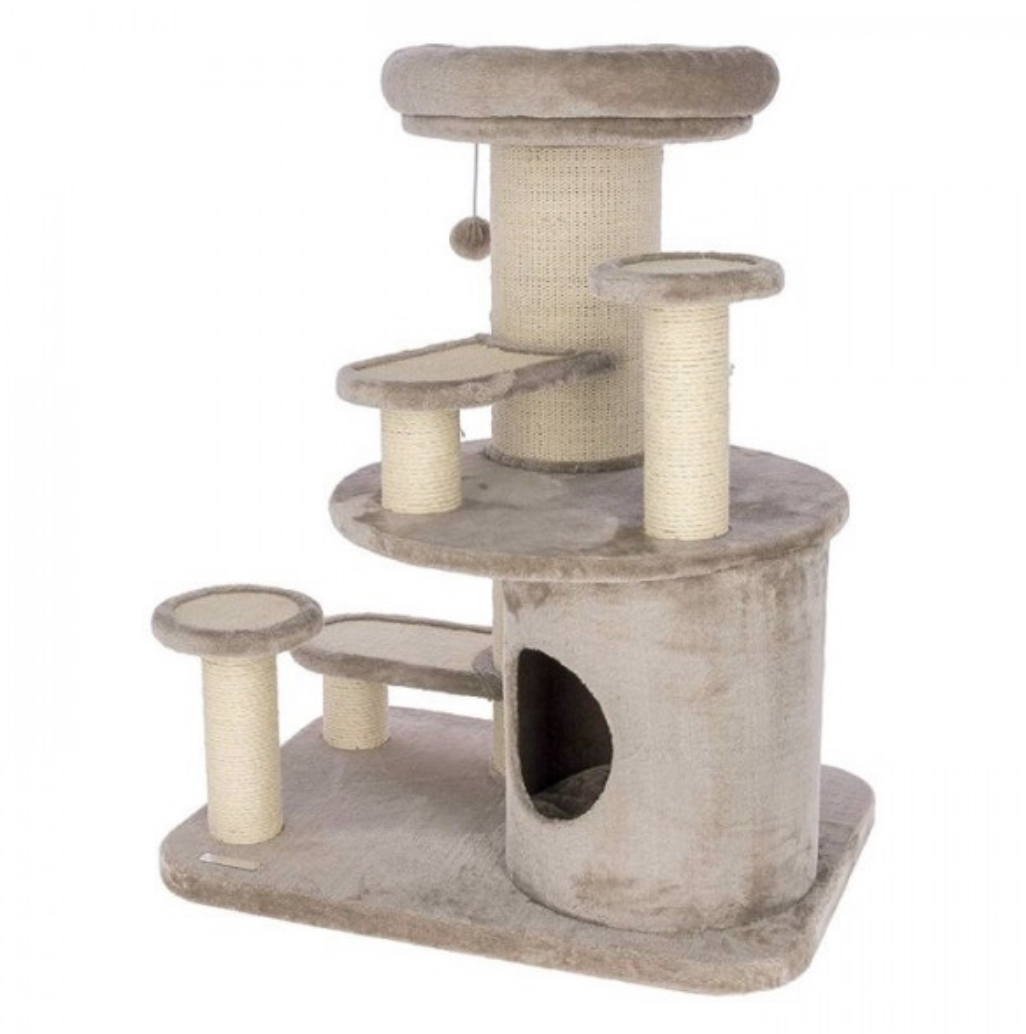 Arranhador para gatos bege com postes em sisal e casa circular com entrada oval.