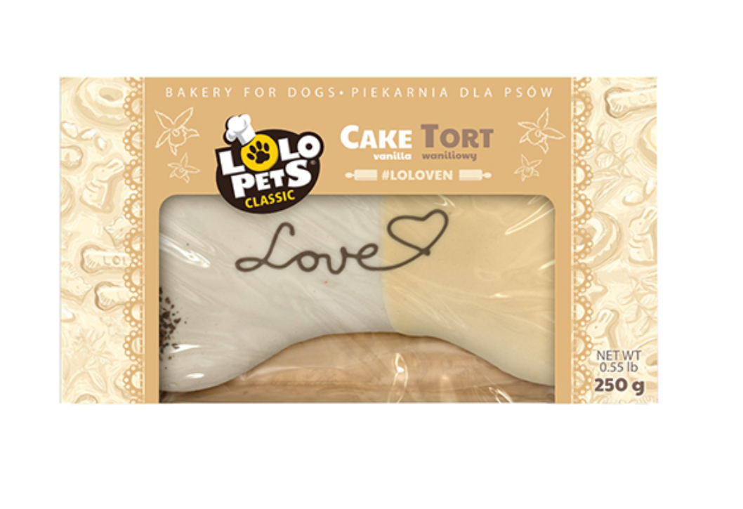 Bone para cães de cor creme e branco com texto Love e embalagem bege com texto e logótipo