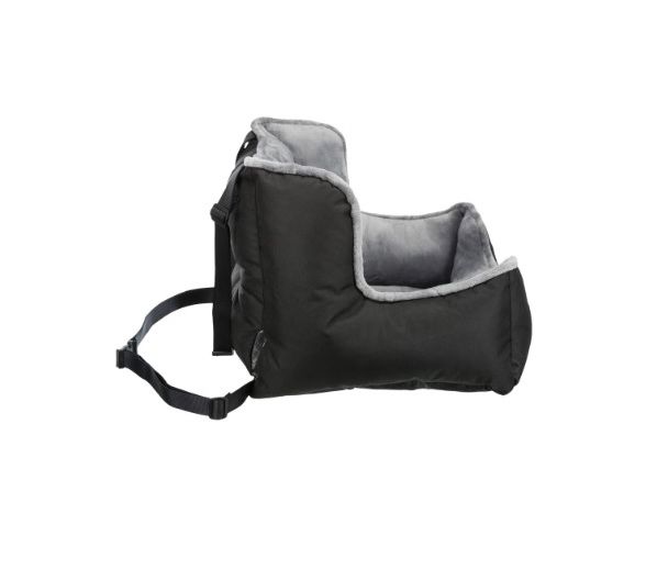 Cadeira de transporte preta com interior cinza claro e cinto ajustável