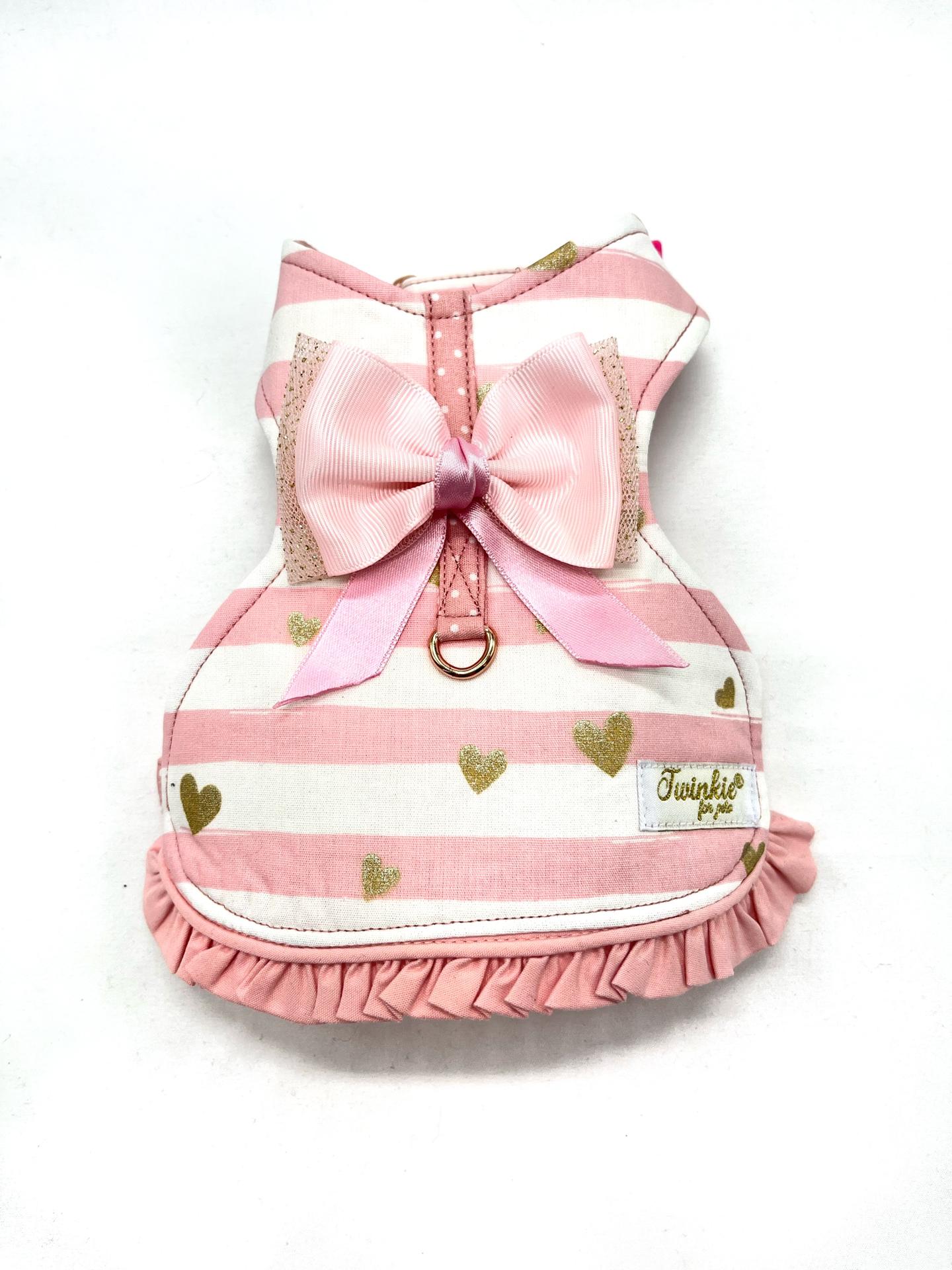 Colete para animal de estimação rosa e branco com laço e corações dourados