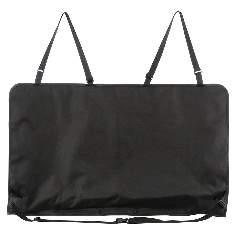 Mala preta retangular com alças ajustáveis e fecho na parte inferior