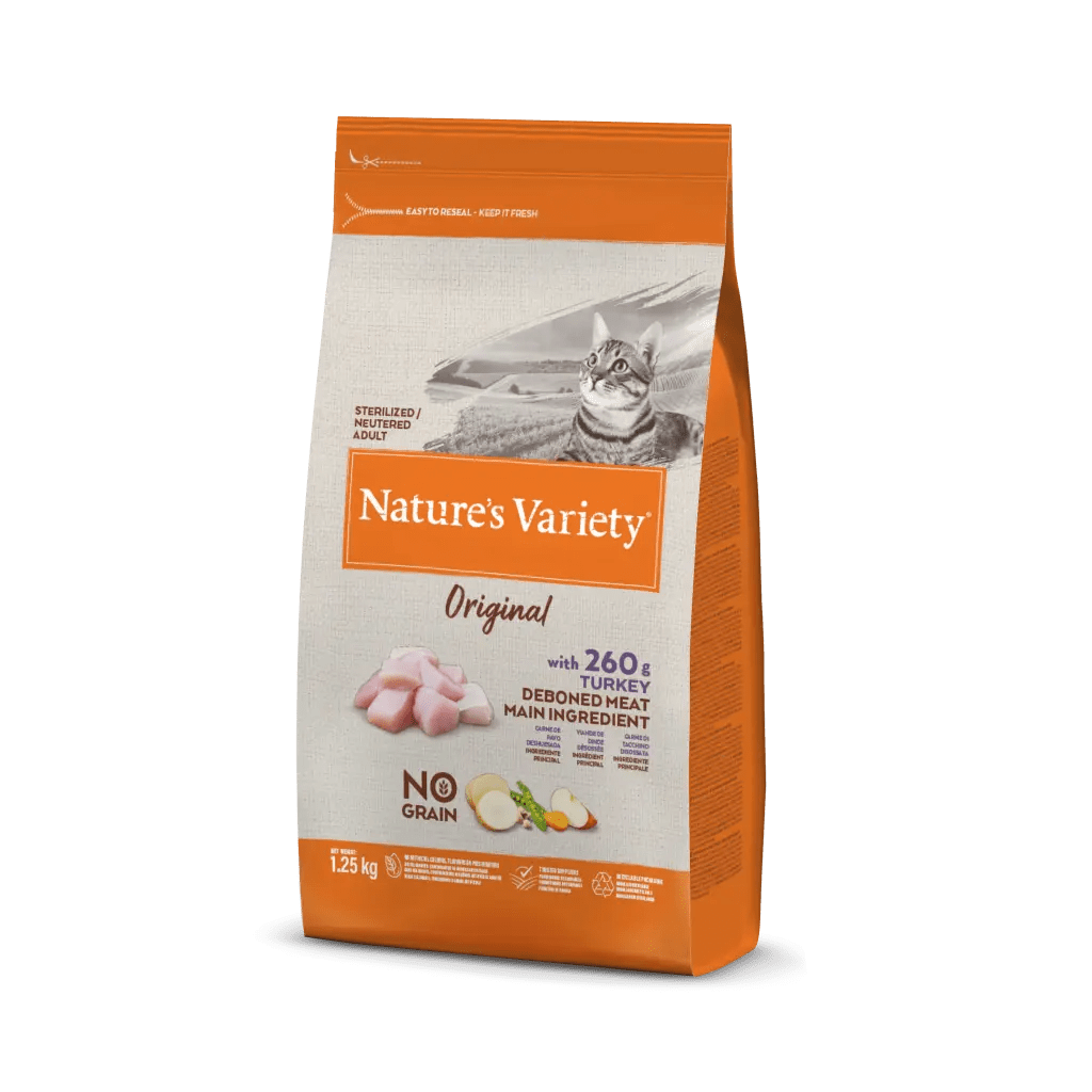 Pacote de ração para gato Nature's Variety Original laranja e branco com imagem de gato e texto