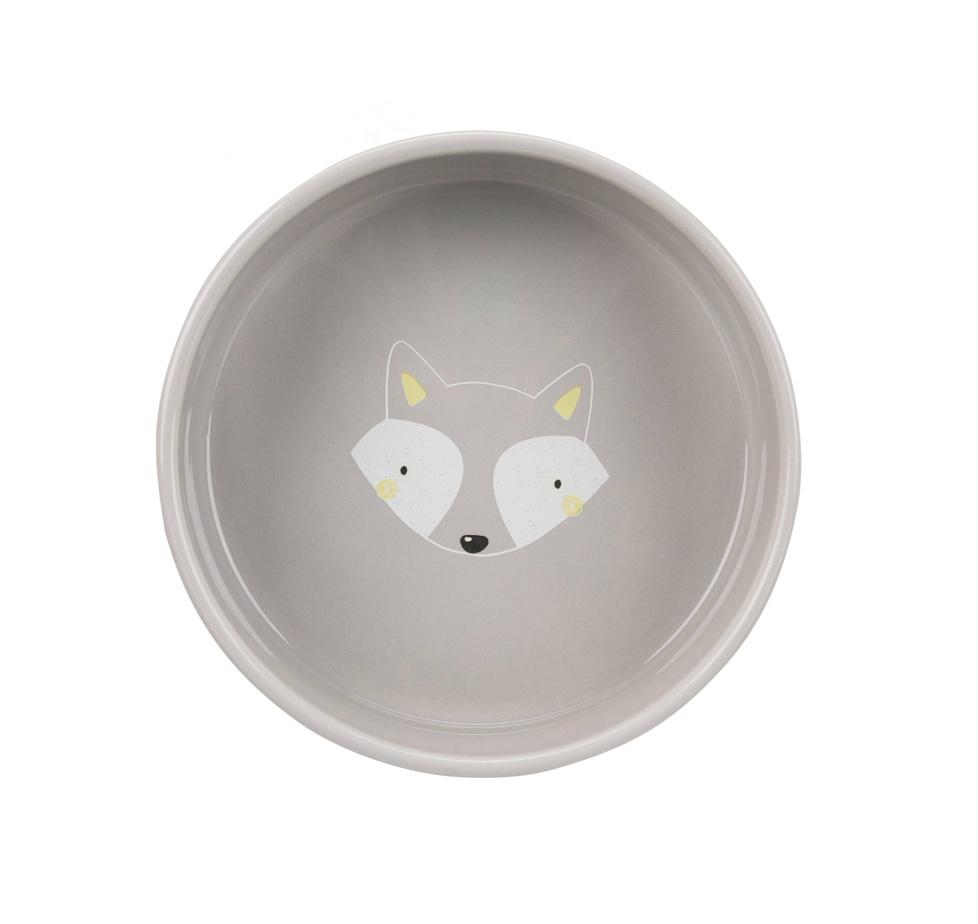Tigela cinzenta com desenho de raposa no interior