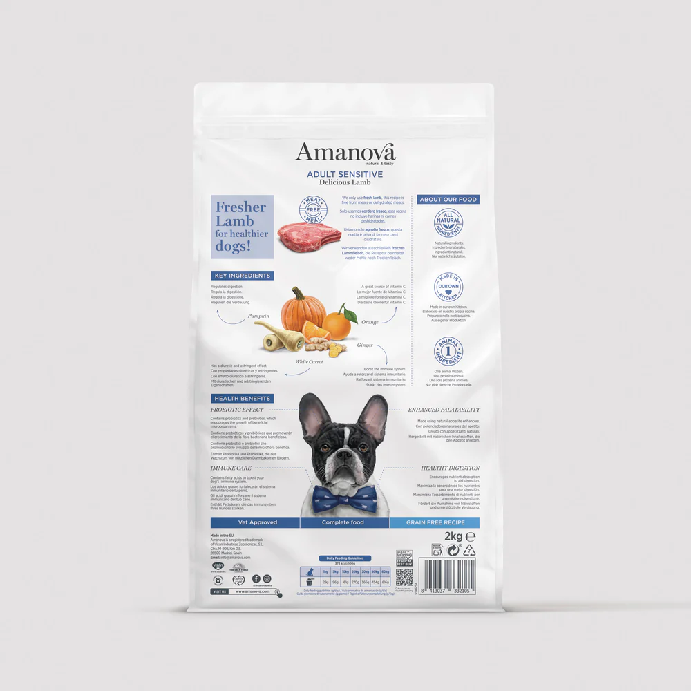 Embalagem de ração Amanova Adult Sensitive Delicious Lamb para cães, branca com texto e imagem de ingredientes naturais e cão