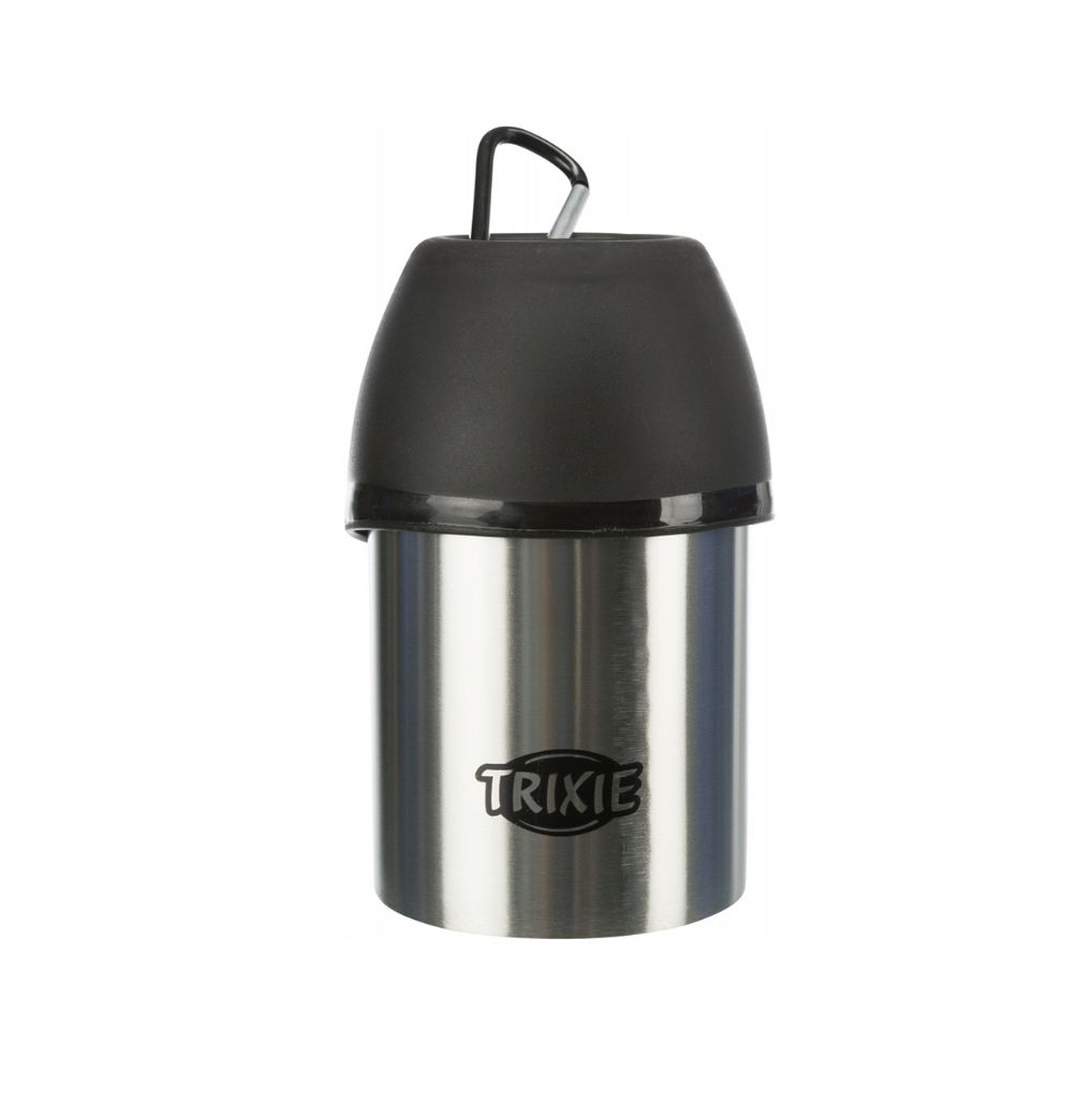 Recipiente metálico com tampa preta e logótipo TRIXIE
