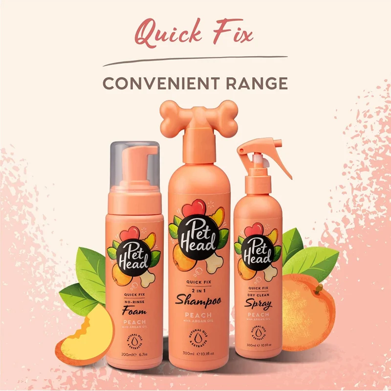 Produtos Pet Head Quick Fix Foam, Shampoo e Spray cor de pêssego com ilustrações de pêssegos