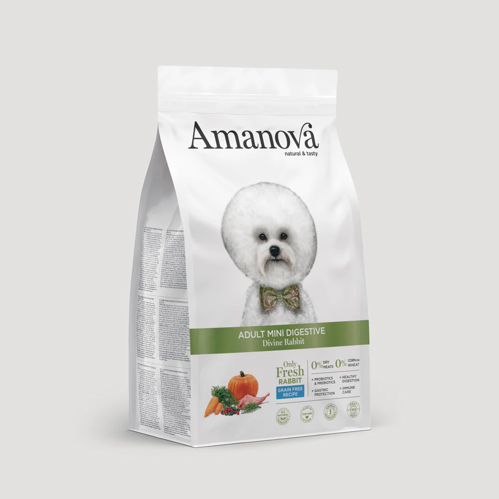 Sacola branca de ração para cães Amanova com imagem de cão branco e texto informativo.