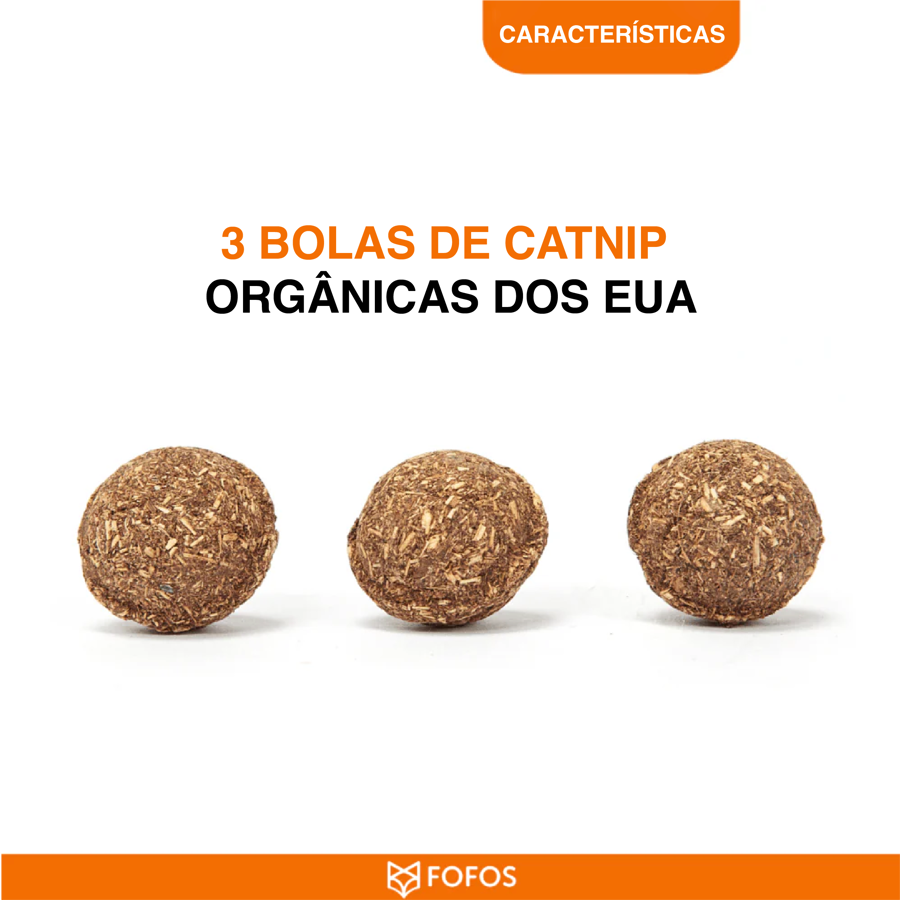 3 bolas de catnip castanhas orgânicas com texto sobre fundo branco e marca FOFO