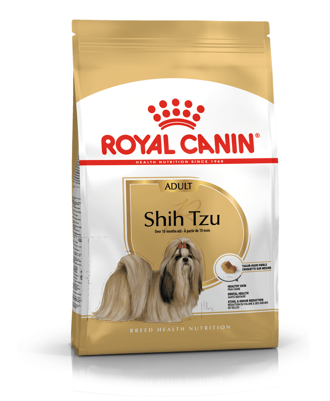 Saco de ração Royal Canin Adult Shih Tzu com imagem de cão e texto