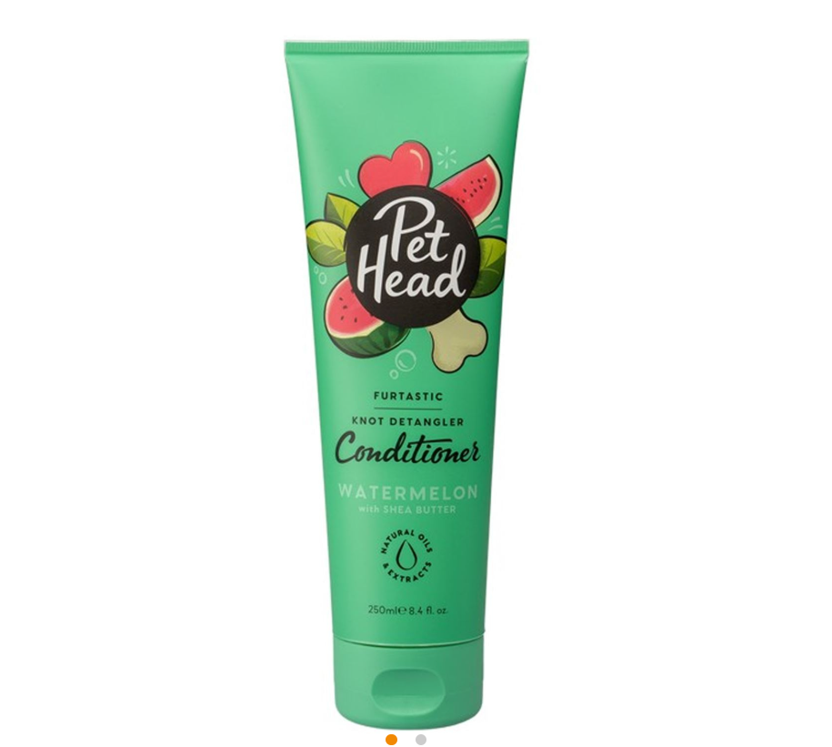 Condicionador Pet Head Furtastic Knot Detangler verde com design de frutas e osso