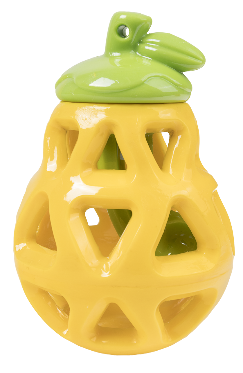 Fruto decorativo cerâmico amarelo com tampa verde formato ananás