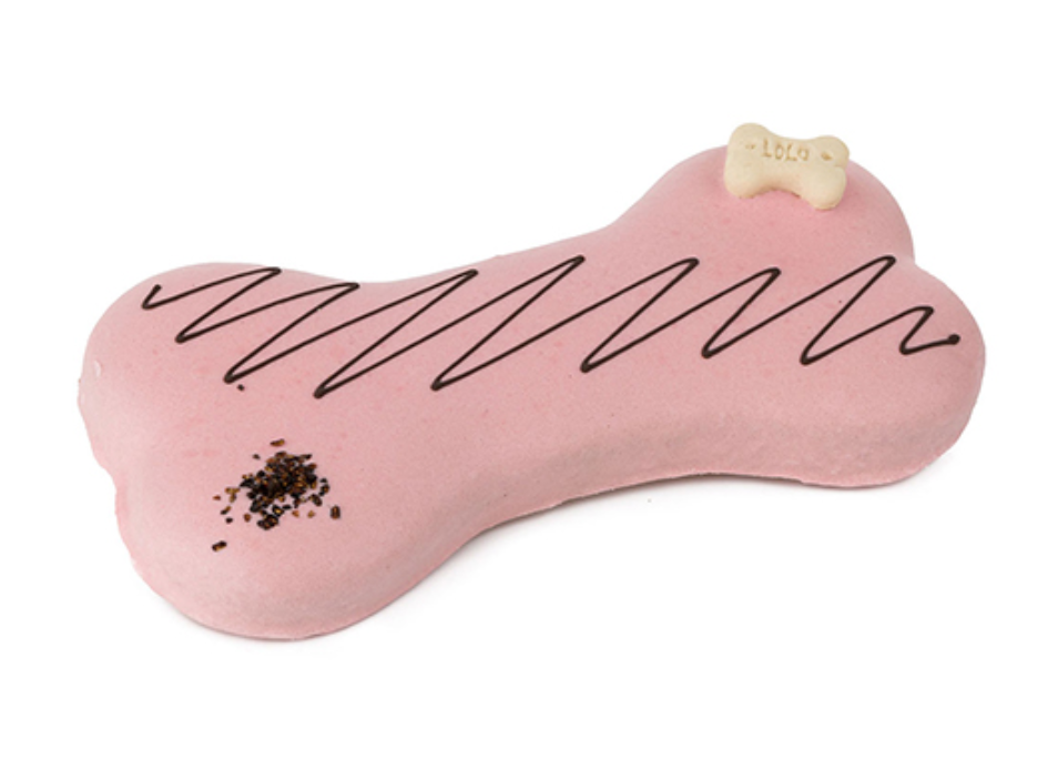 Brinquedo para cão rosa em forma de osso com riscas pretas