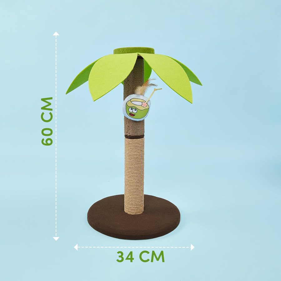 Arranhador para gatos em forma de palmeira com folhas verdes e base castanha.
