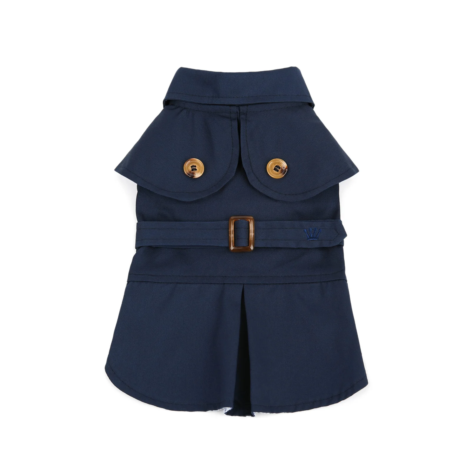 Vestido para cão azul escuro com botões e cinto de fivela