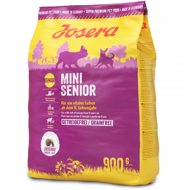 Saco amarelo e roxo de ração para cães Josera Mini Senior de 900g
