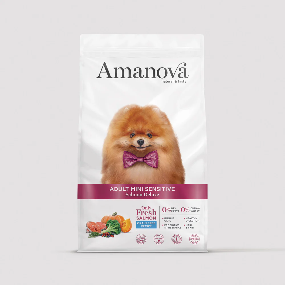 Saco branco de comida para cães Amanova com imagem de cão Pomeranian