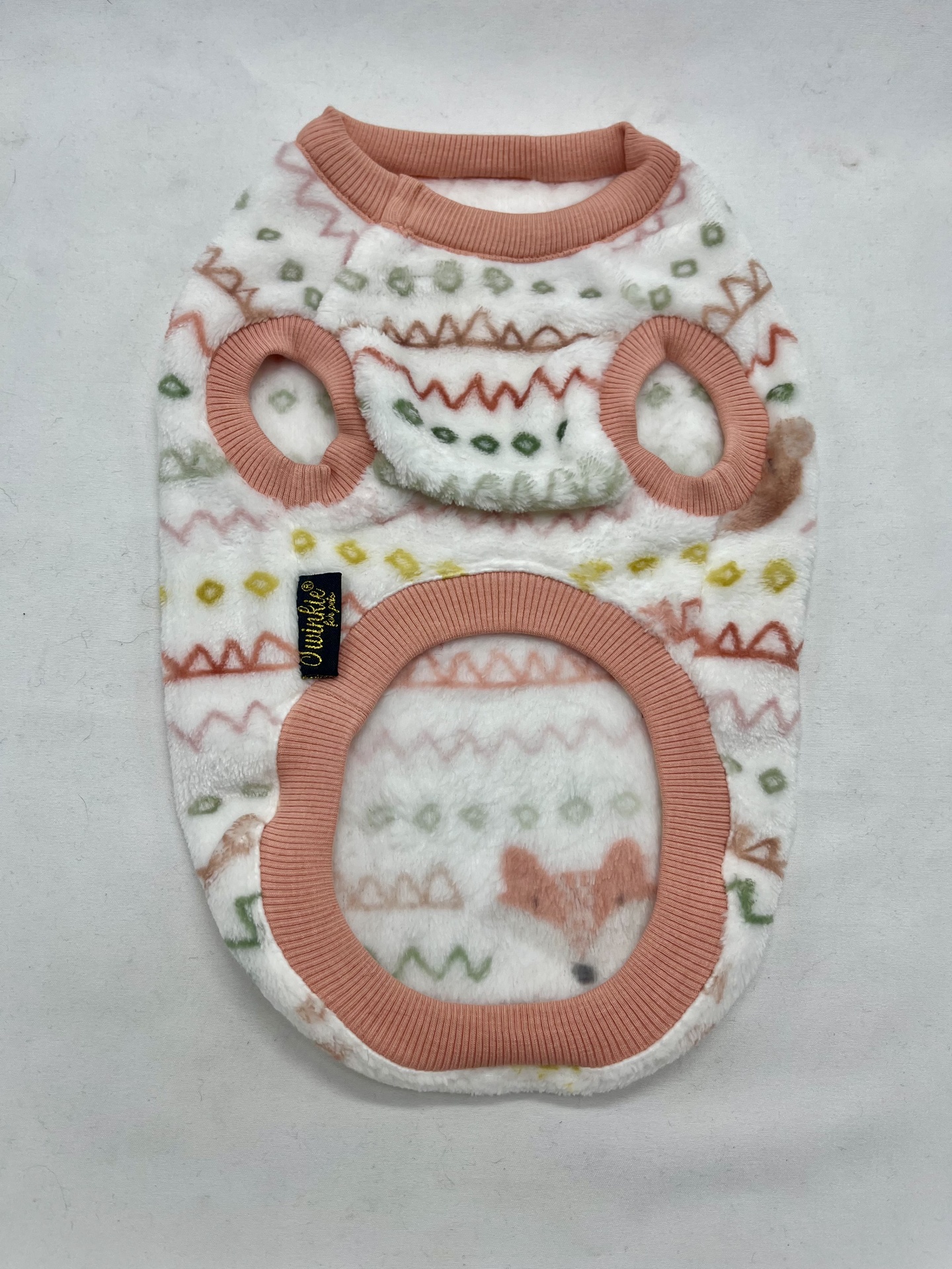 Camisola para cão com padrões geométricos e rosto de raposa em tecido felpudo