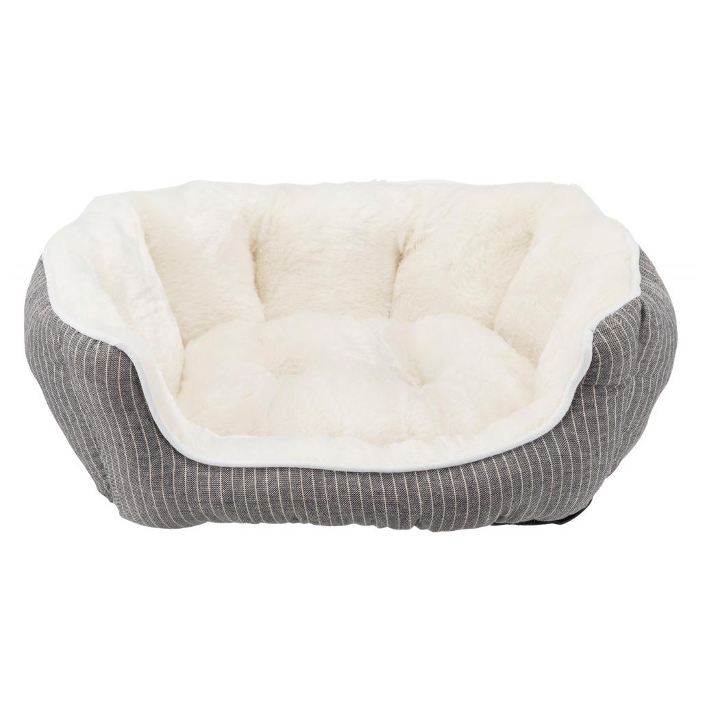 Cama de animal cinza com riscas e interior branco peludo