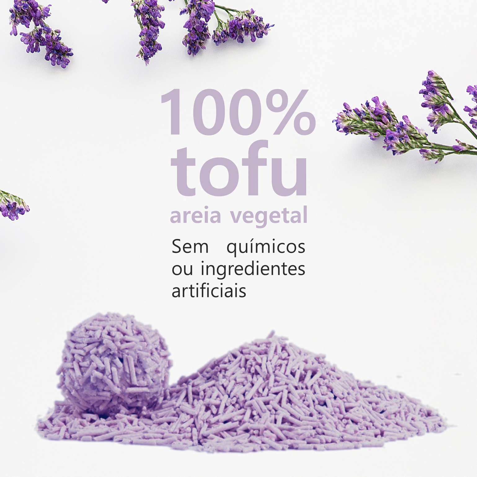 Areia vegetal roxa 100% tofu com flores roxas e texto explicativo